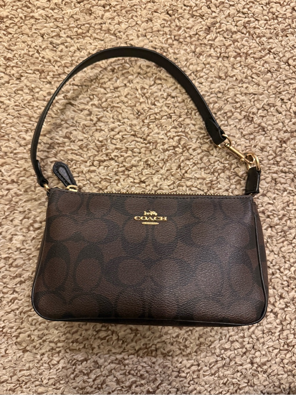 Coach Dark Brown Signature Canvas Shoulder Bag with Black Strap